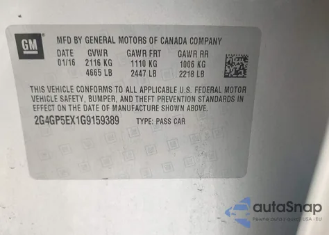 2016 Buick Regal Turbo/E-Assist Premium I z USA, uszkodzony, nr VIN 2G4GP5EX1G9159389